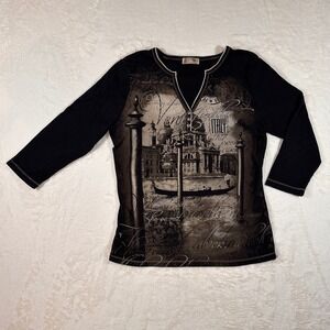 Blue Canyon Shirt VTG Y2K Black Venice Italy Graphic Henley 3/4 Sleeve Womens L